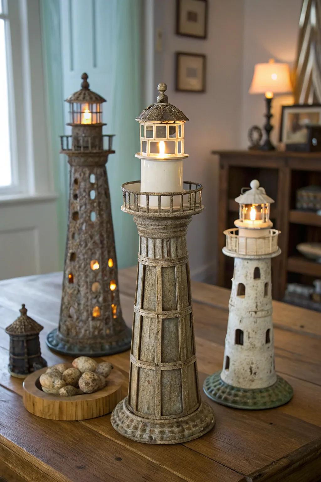 Eco-friendly lighthouse candle holders create a warm ambiance