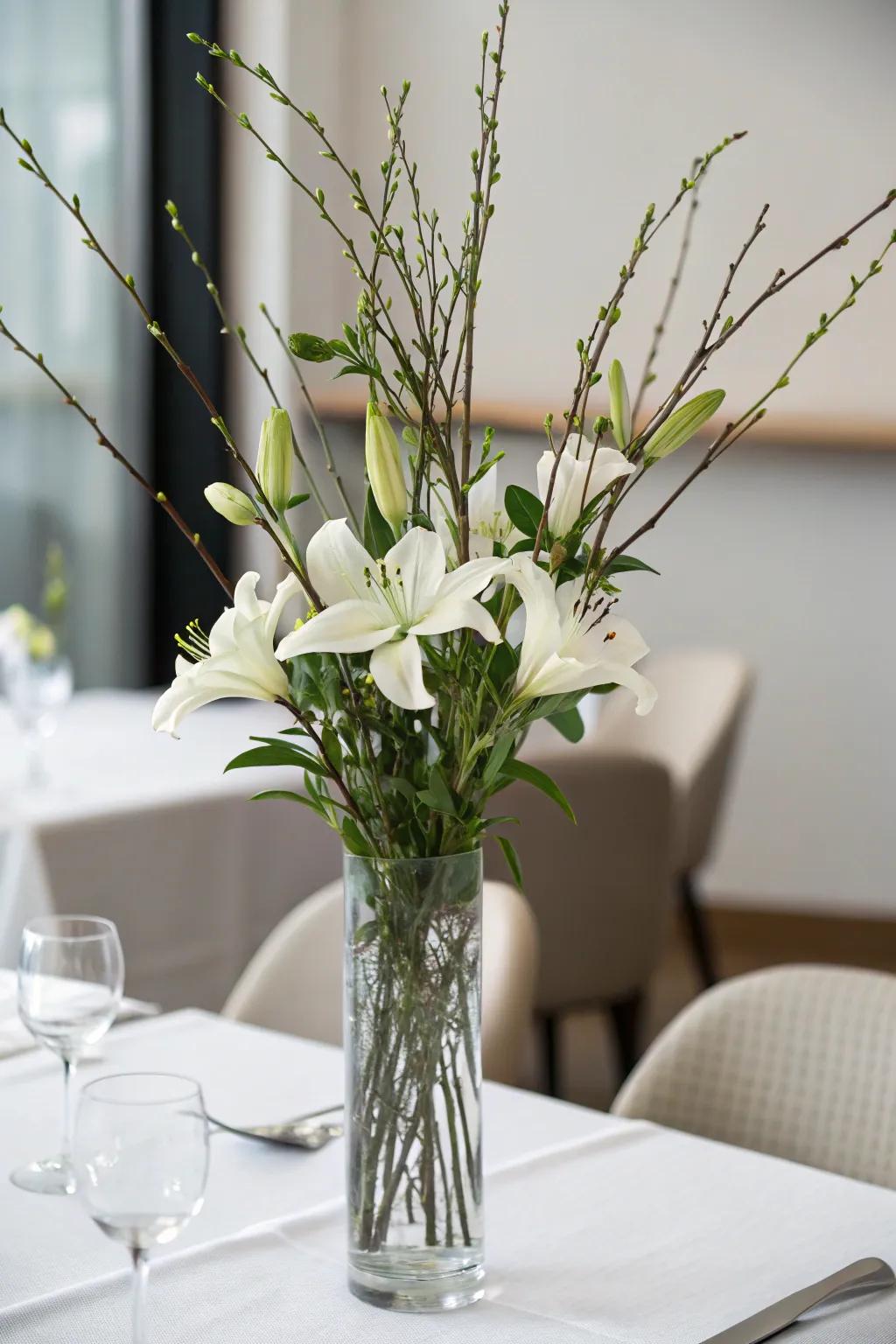 Minimalist elegance with lilies and willow branches.