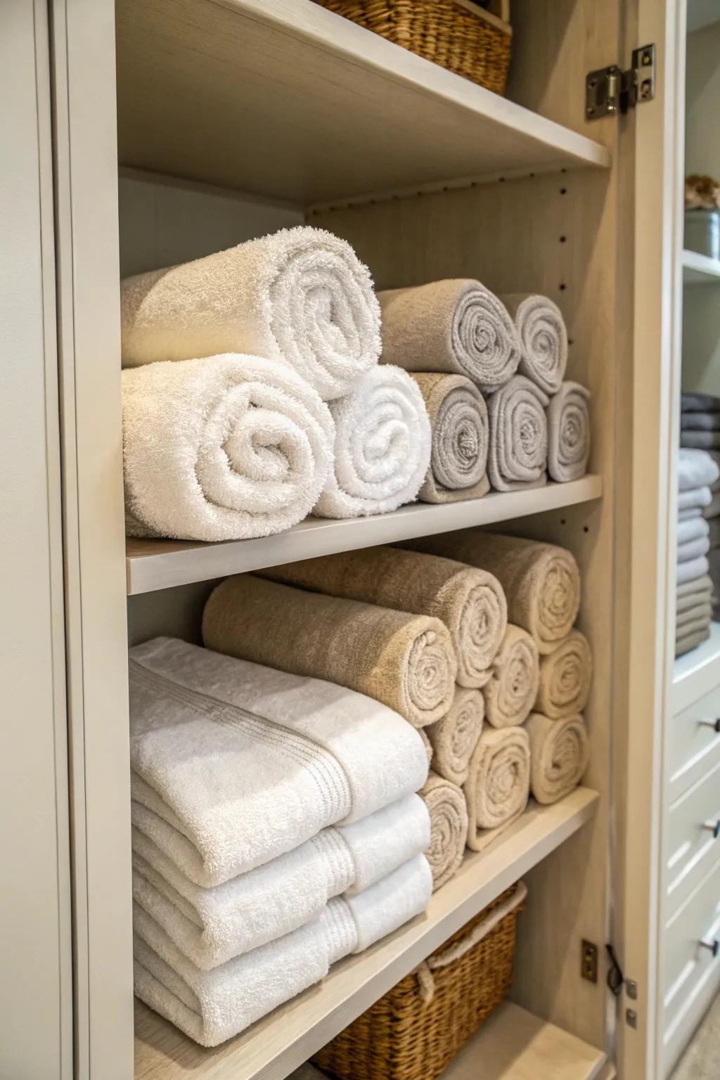 Rolled towels add a touch of spa elegance to your closet.