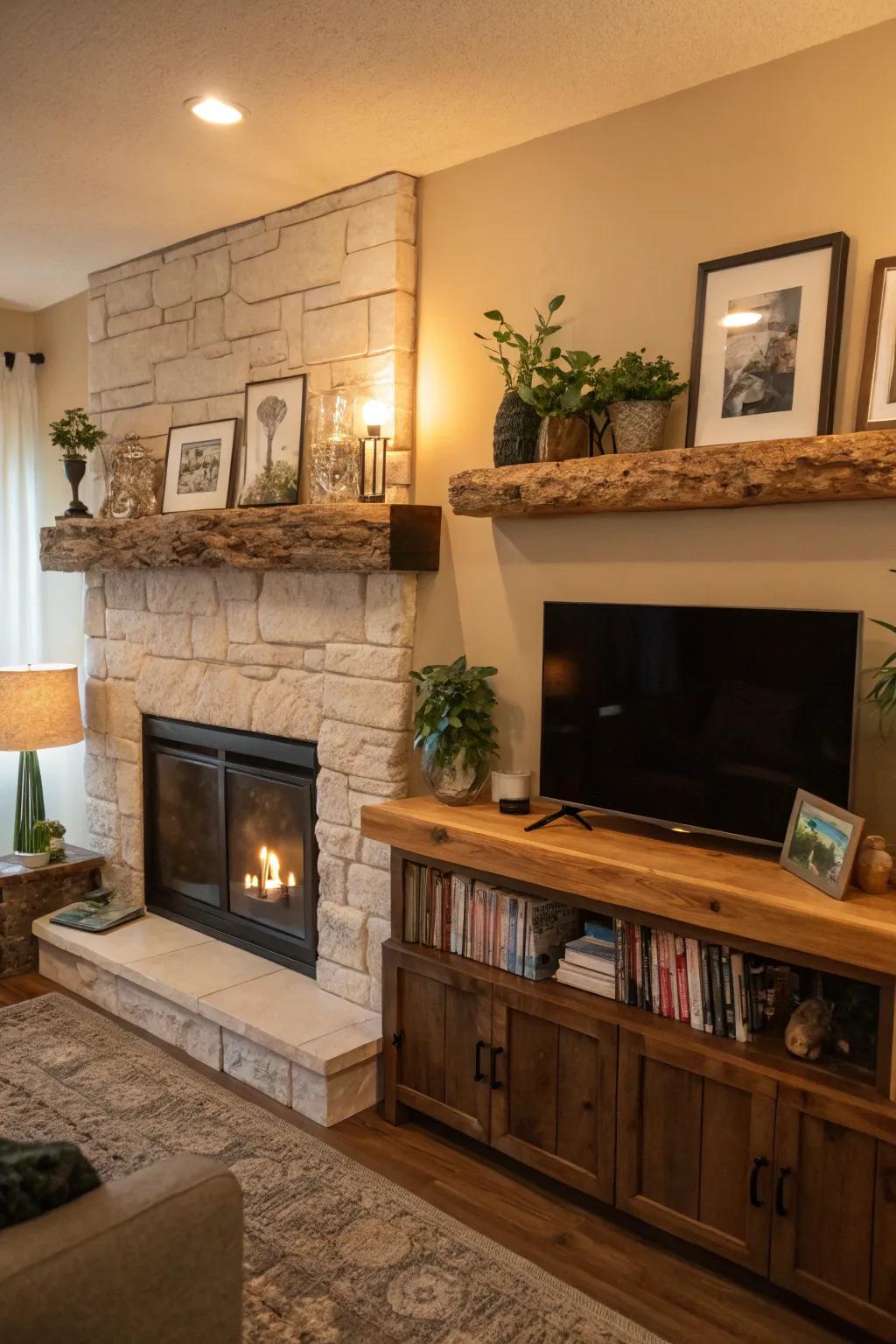 A living room with a live edge shelving mantel displaying personal decor items.