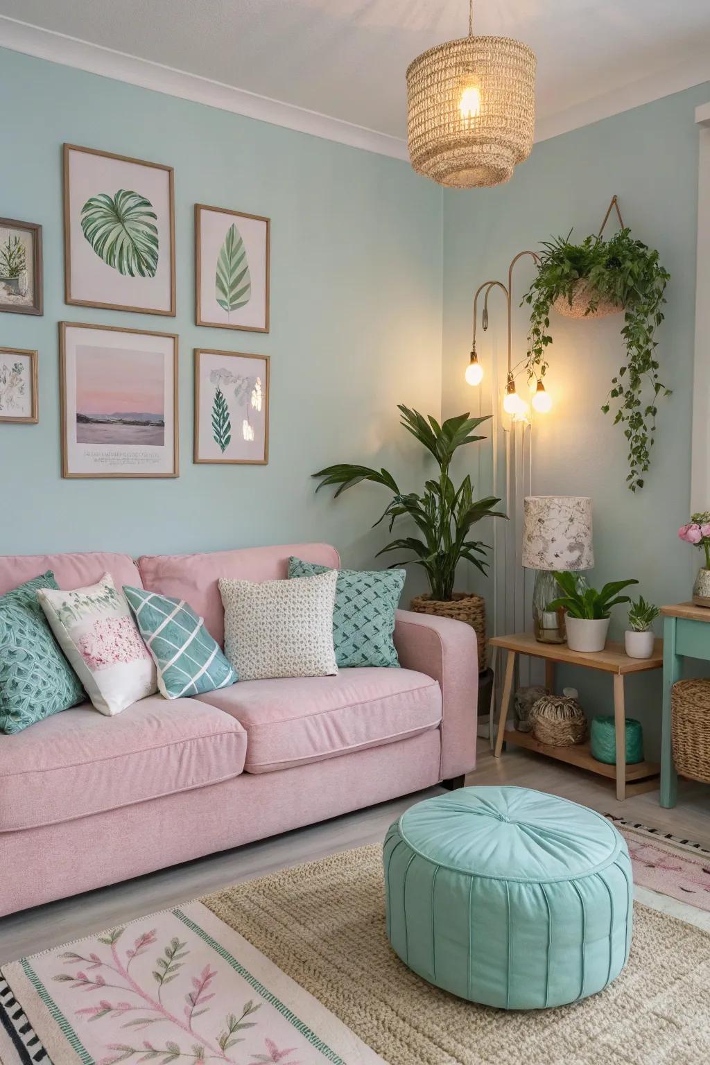 A living room bathed in pastel hues that exude calm and elegance.