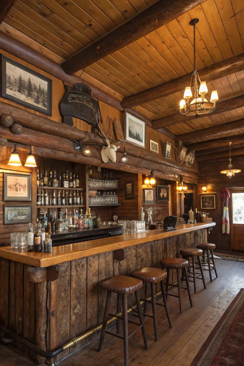 A log cabin bar with themed decor, featuring vintage travel posters.