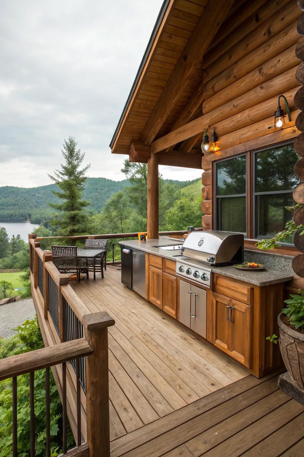 A well-equipped outdoor kitchen on a log cabin deck.