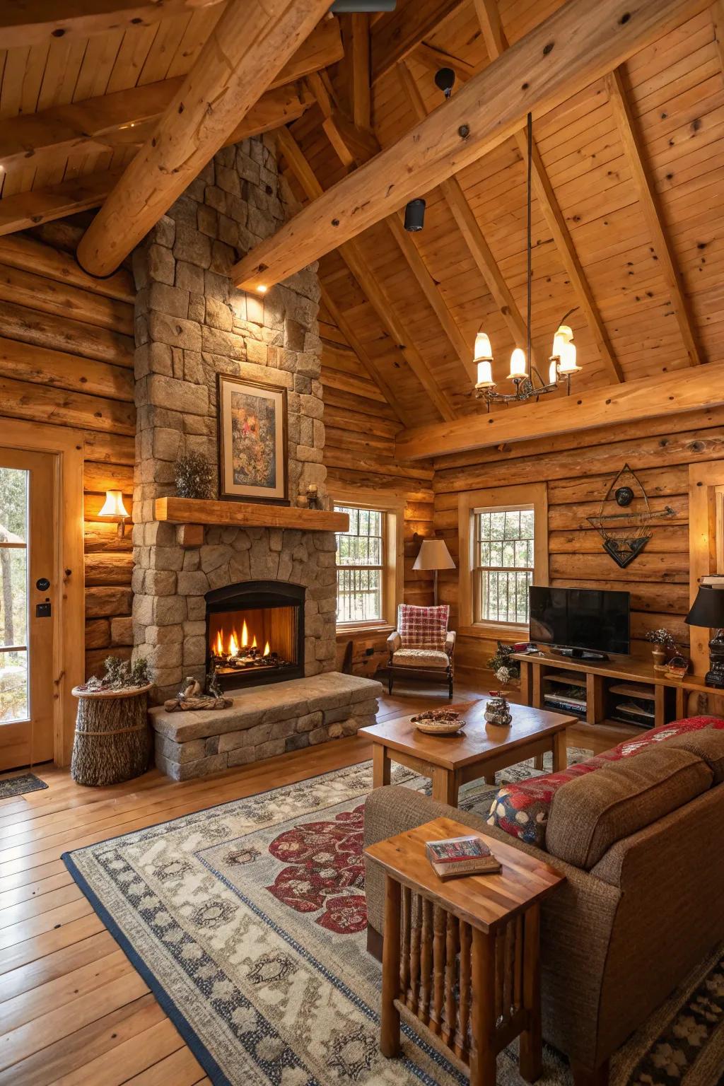 Warm wood tones create a cozy and inviting log cabin interior.