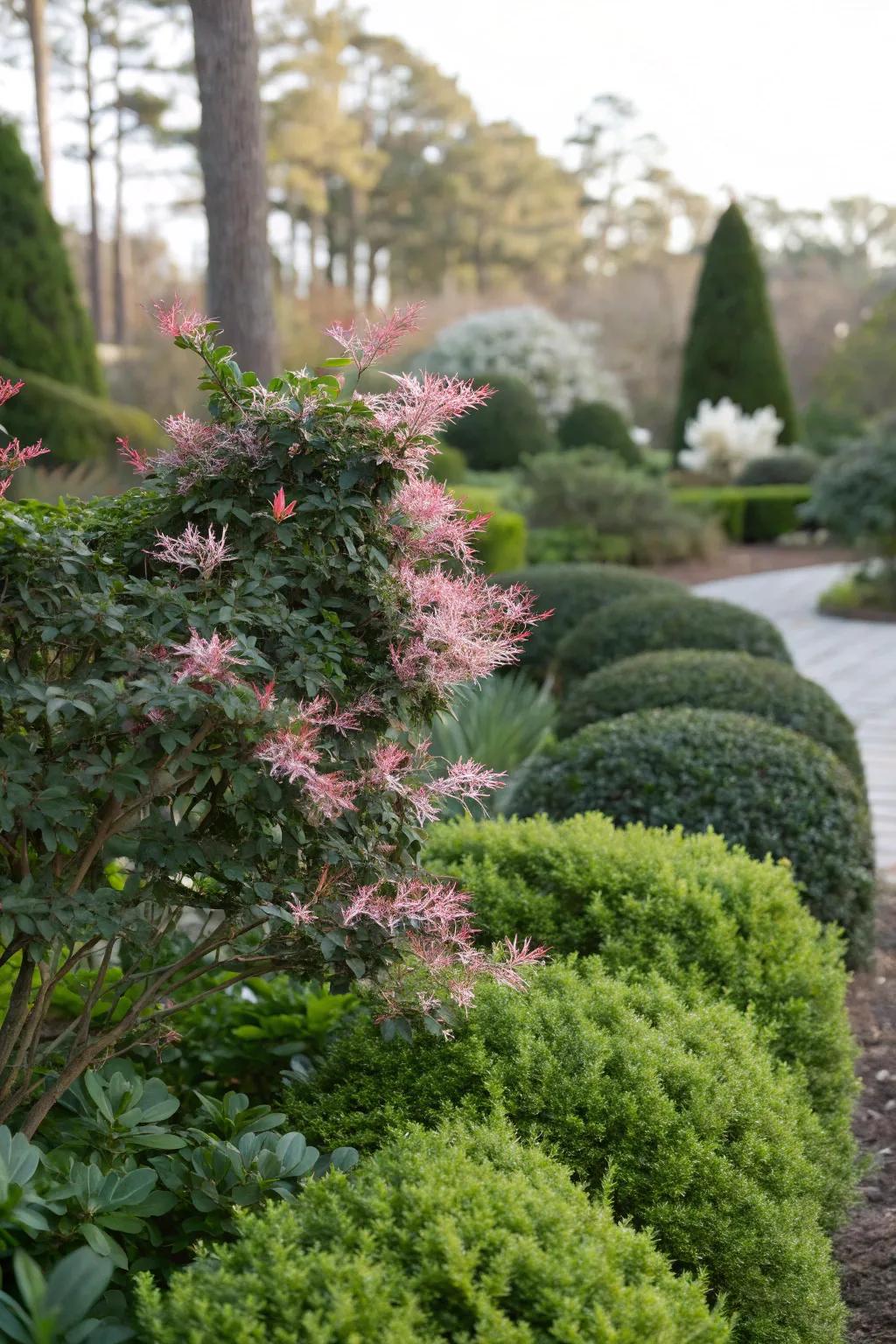 Layer loropetalum with other shrubs for a dynamic visual appeal.