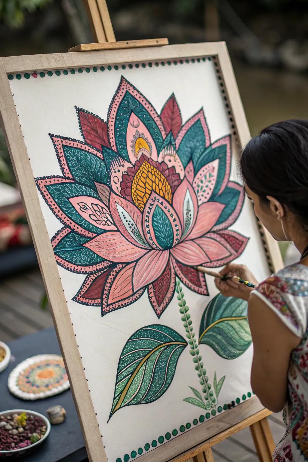 A lotus painting enriched with tribal patterns.