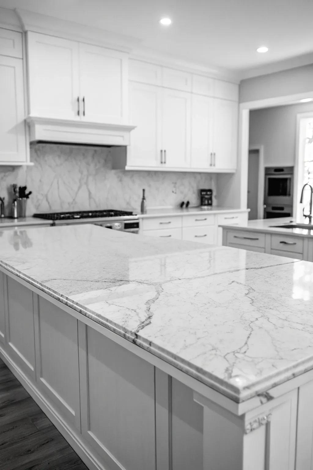 A sleek black and white kitchen with marble accents.