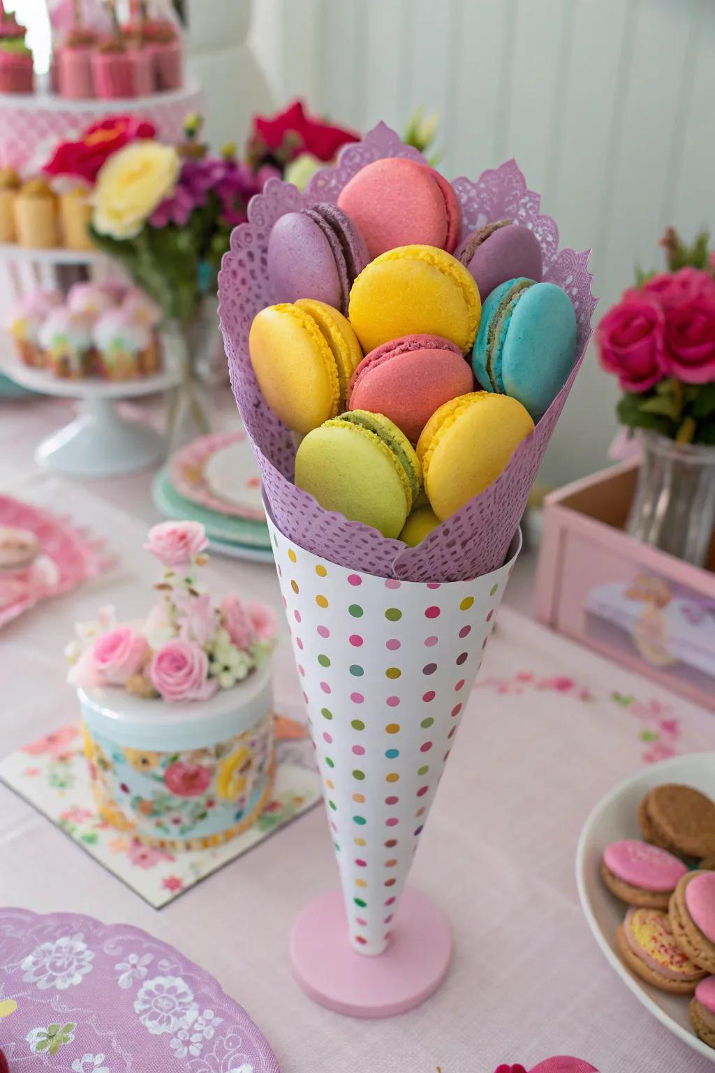 Fun and practical macaron presentation in paper cones.