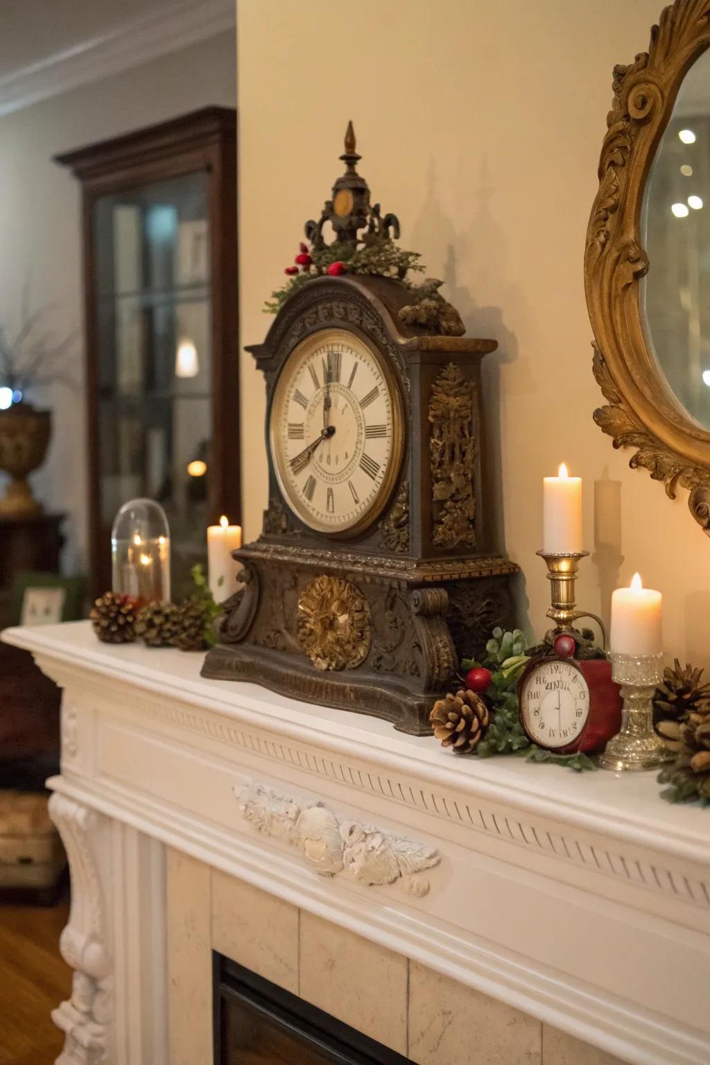 A mantel with a large vintage clock as a centerpiece.