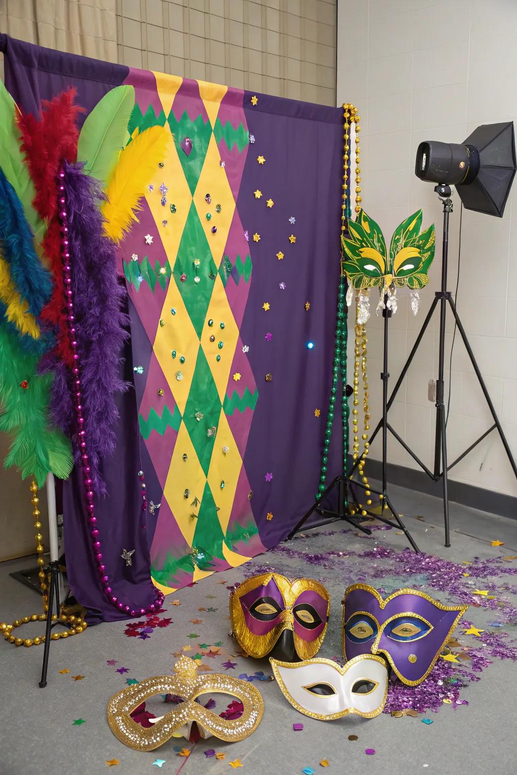 Capture unforgettable moments with a fun Mardi Gras photo booth.