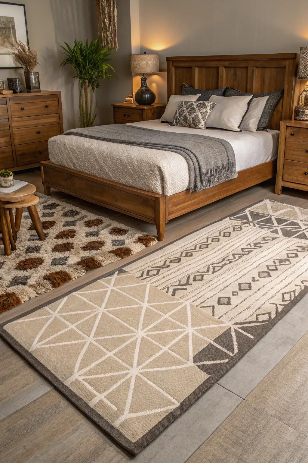 Layered rugs create a cozy and visually interesting space.