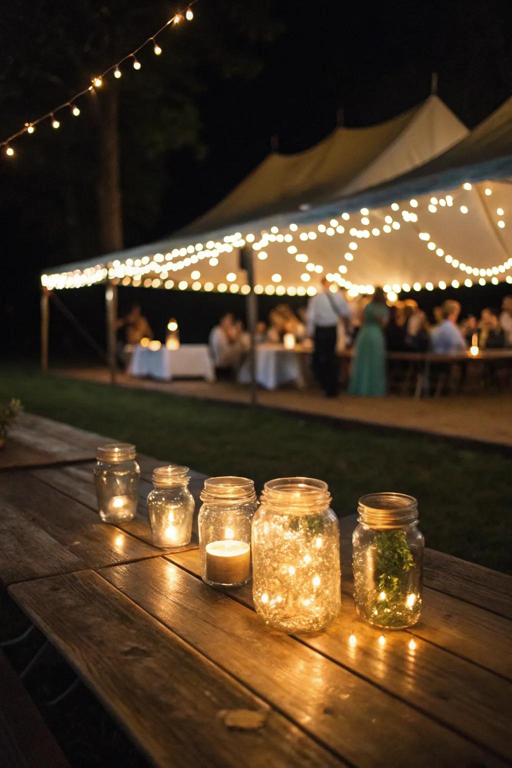 Fairy lights in mason jars create a whimsical and enchanting glow.