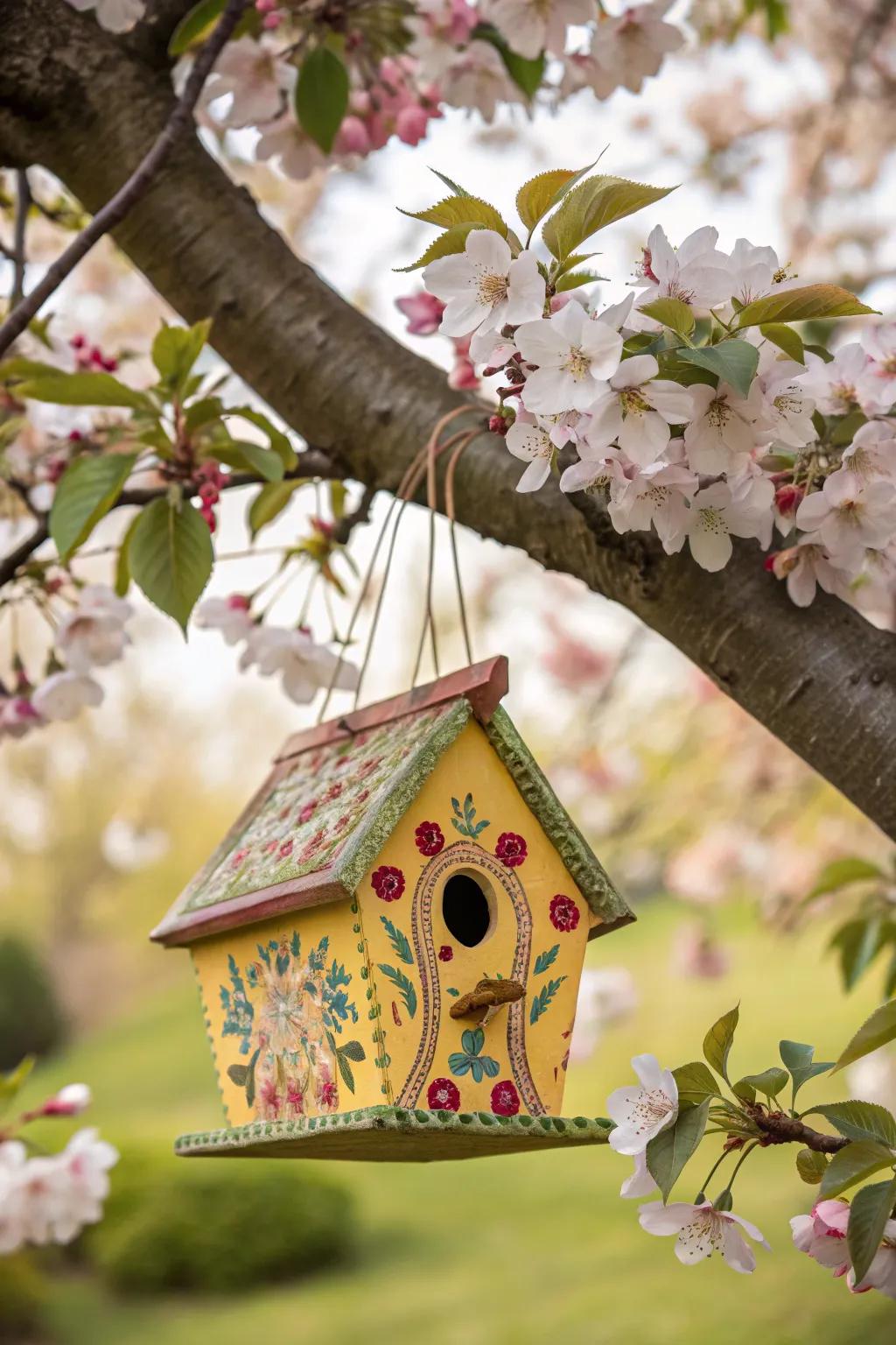 A birdhouse brings life and charm to the memorial garden.