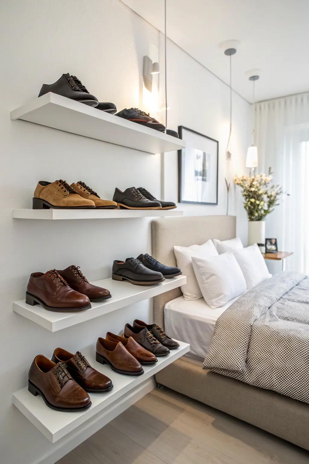 Floating shelves offer versatile shoe storage with a modern appeal.