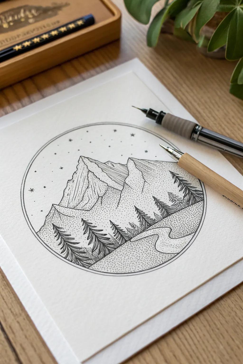 Nature's grandeur captured in pen: A minimalist mountain escape.