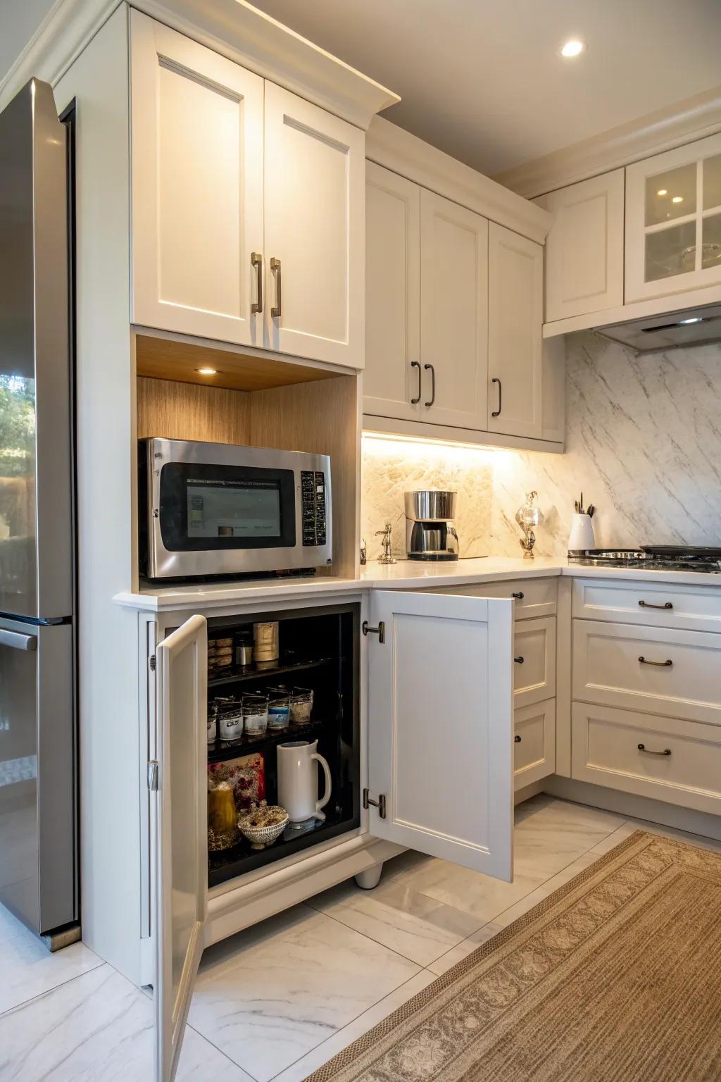 A concealed microwave behind stylish cabinetry.