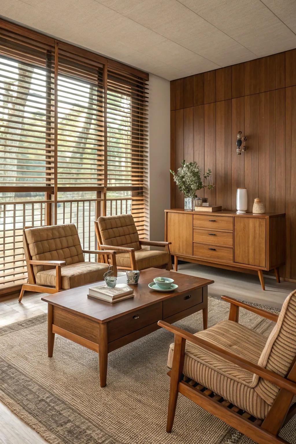 Wood blinds offer timeless elegance in mid-century modern interiors.