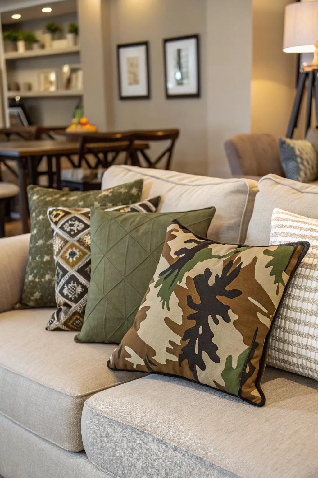 Decorative throw pillows bring comfort and style with a military touch.