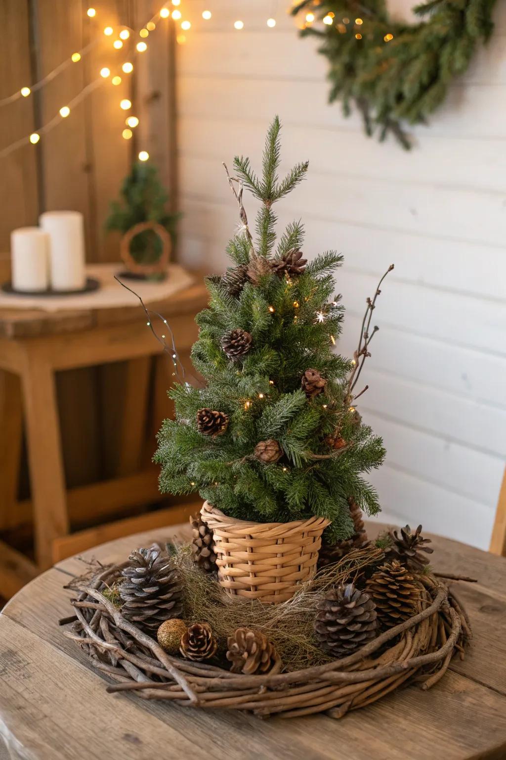 A mini Christmas tree decorated with natural greenery and pinecones.