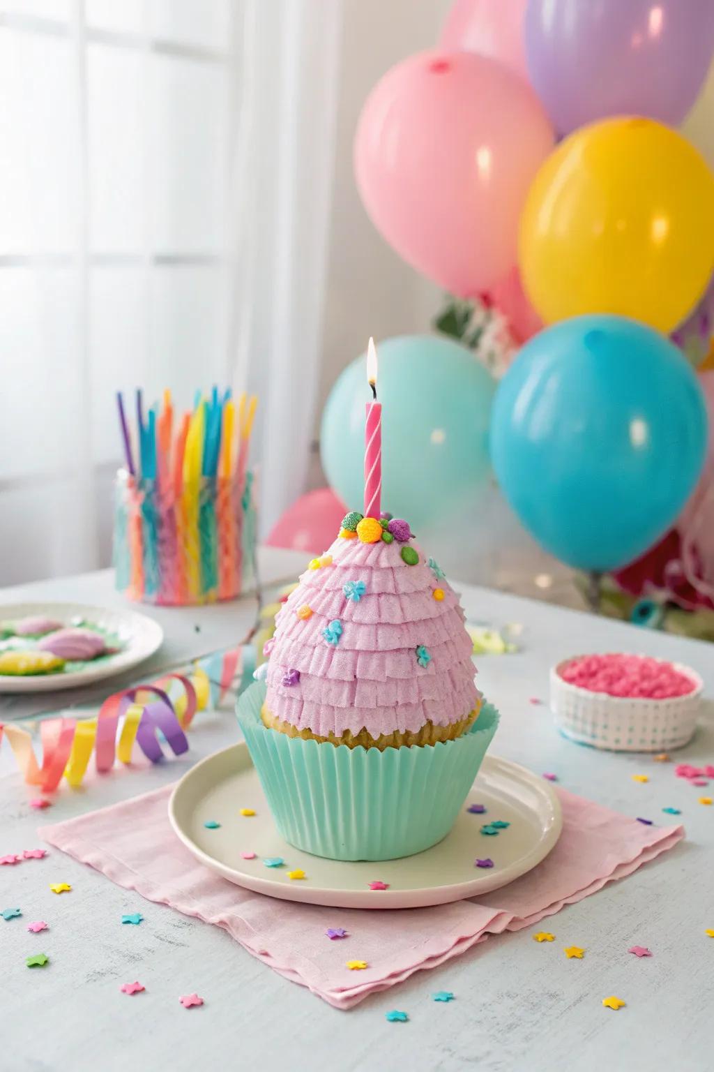 A delightful cupcake mini piñata, perfect for adding sweetness to a party.