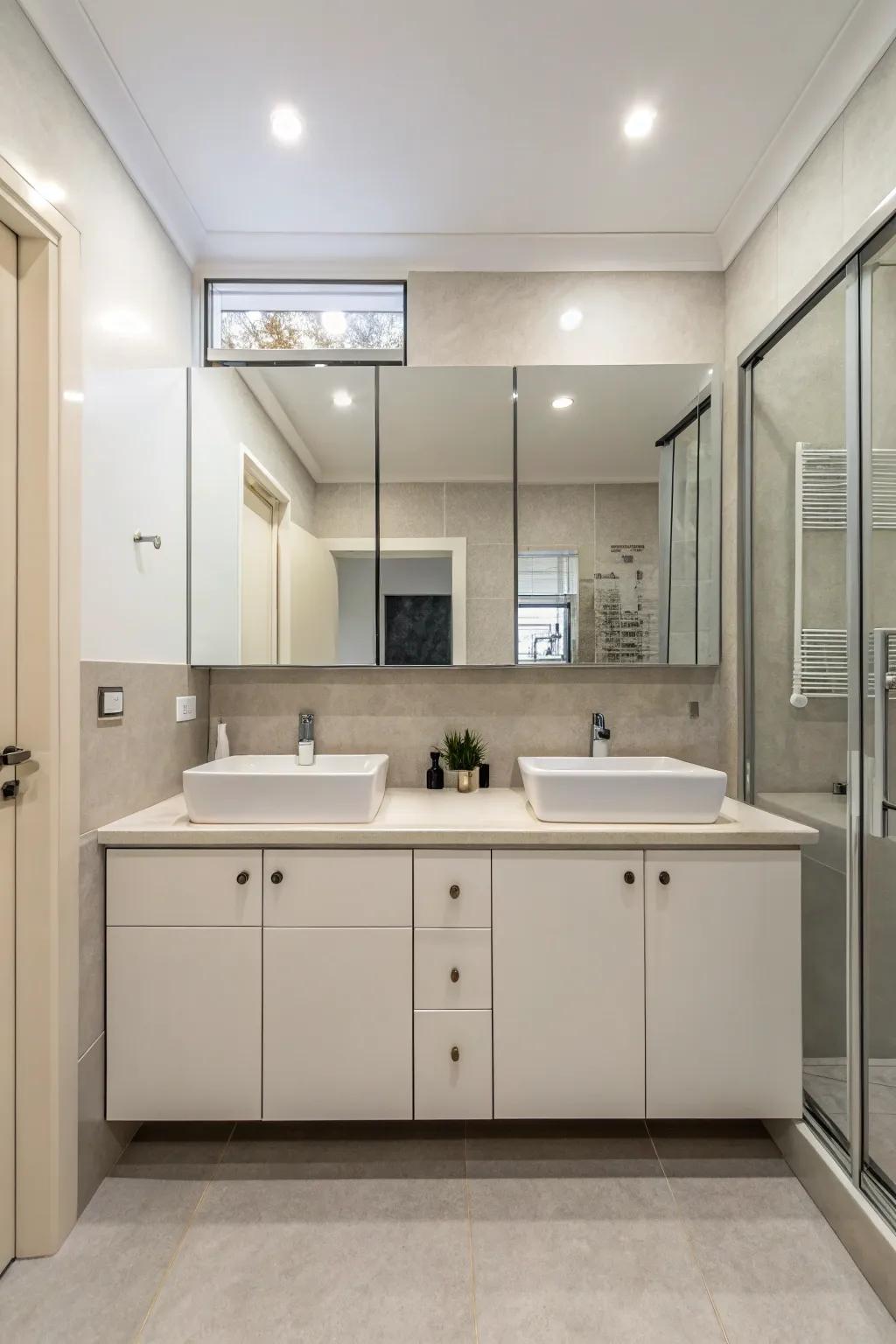 A minimalist bathroom with elegant mirrored cabinets.