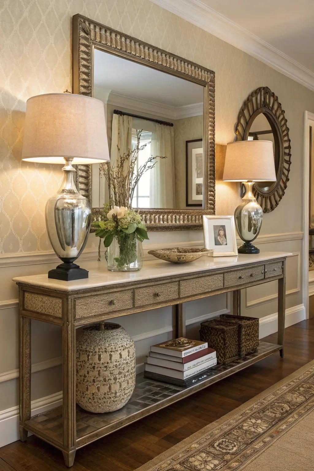 Console mirrors enhance elegance and light.