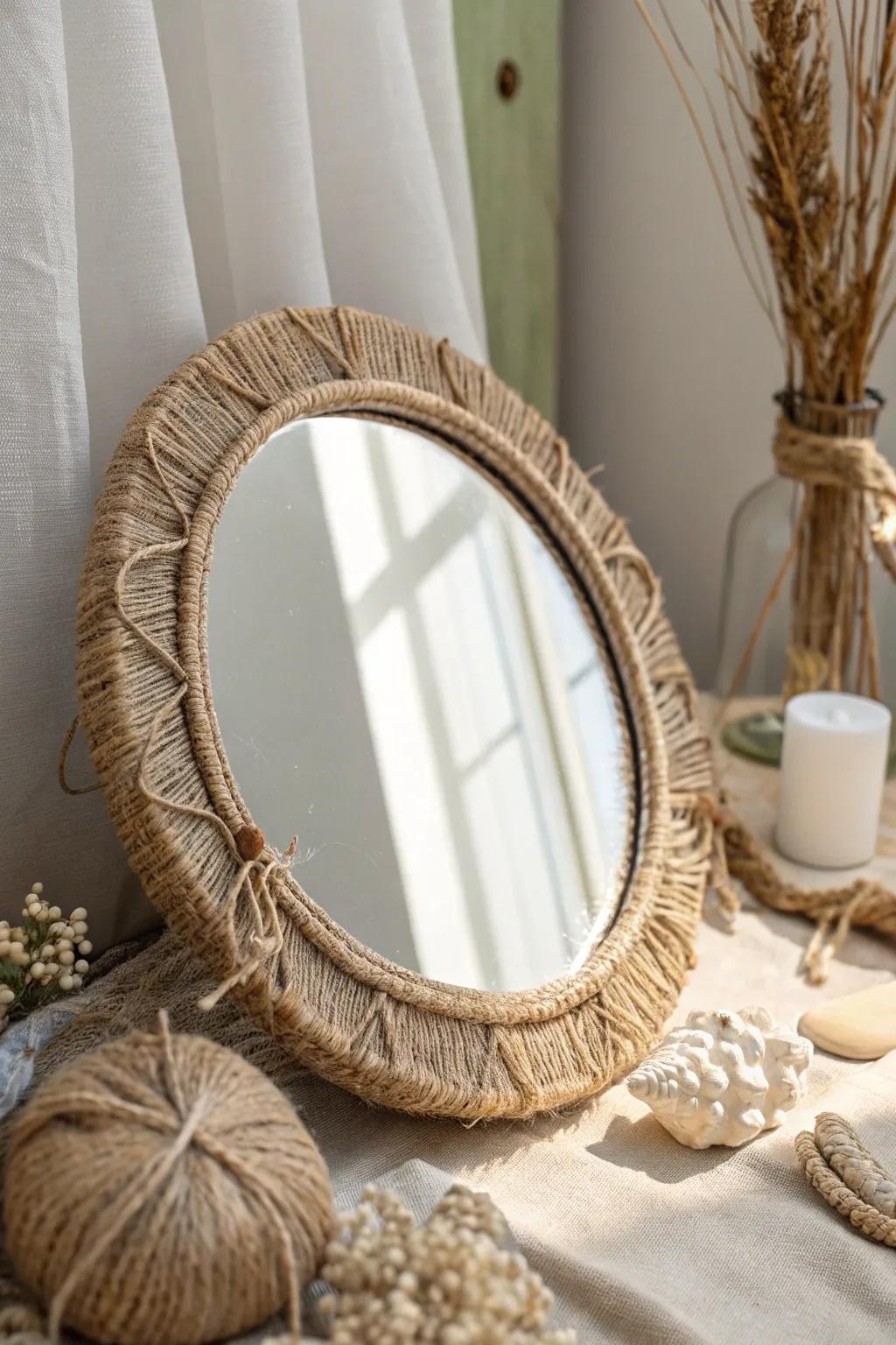 Transform your mirror with rustic burlap and twine for a cozy, farmhouse-inspired look.