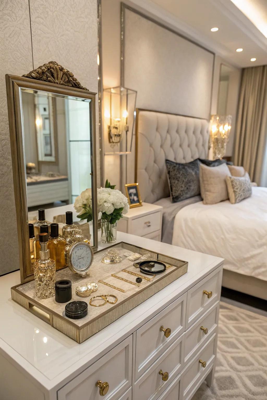 Keep your bedroom sophisticated and organized with a mirror tray on your dresser.