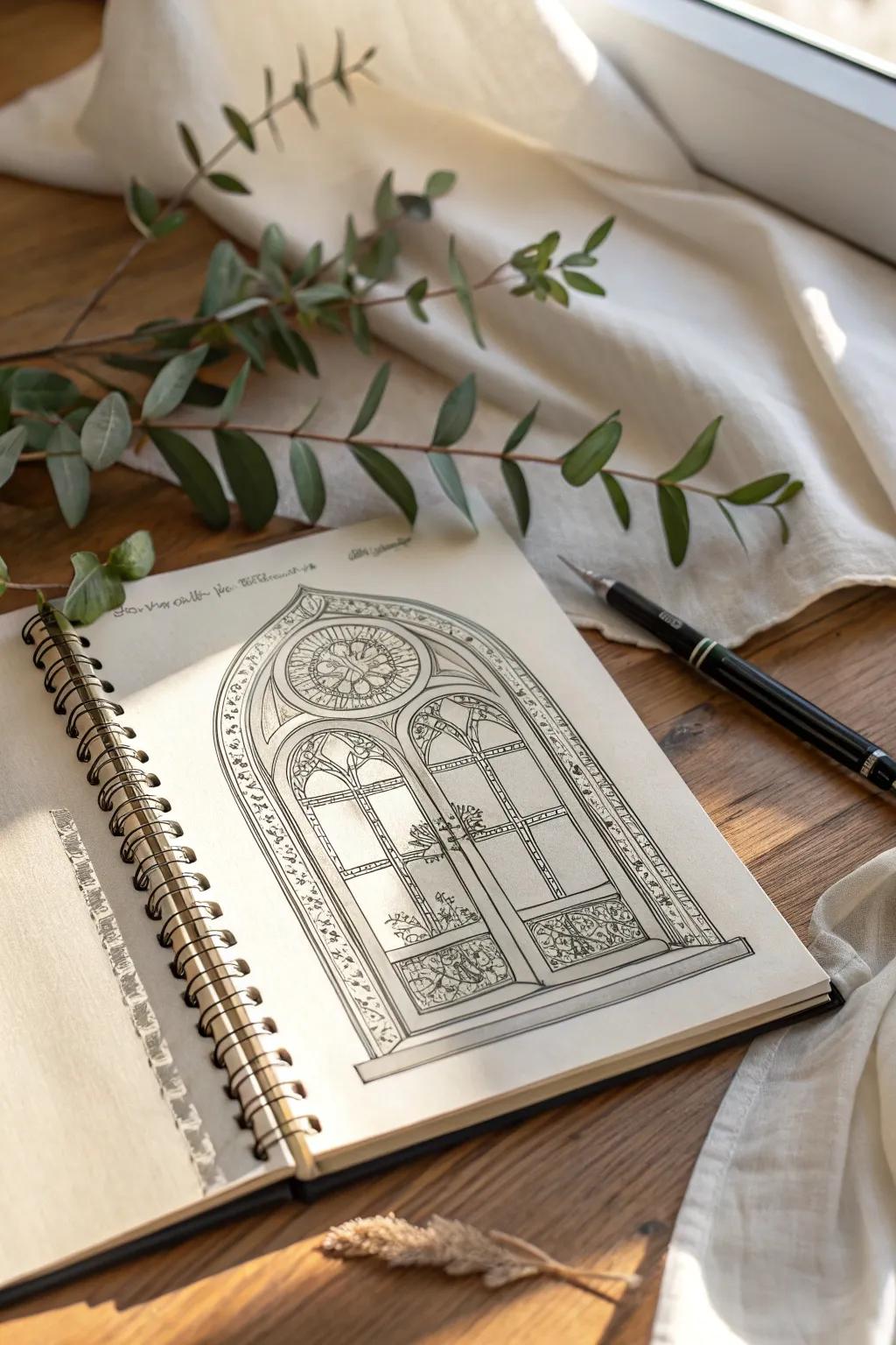 Peek into a world of architectural elegance with intricate window designs on your sketchbook pages. #MixedMediaMagic #ScandiBoho