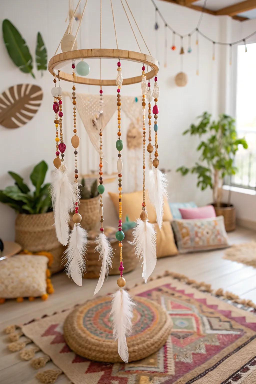 A boho-chic mobile crafted from feathers and beads.