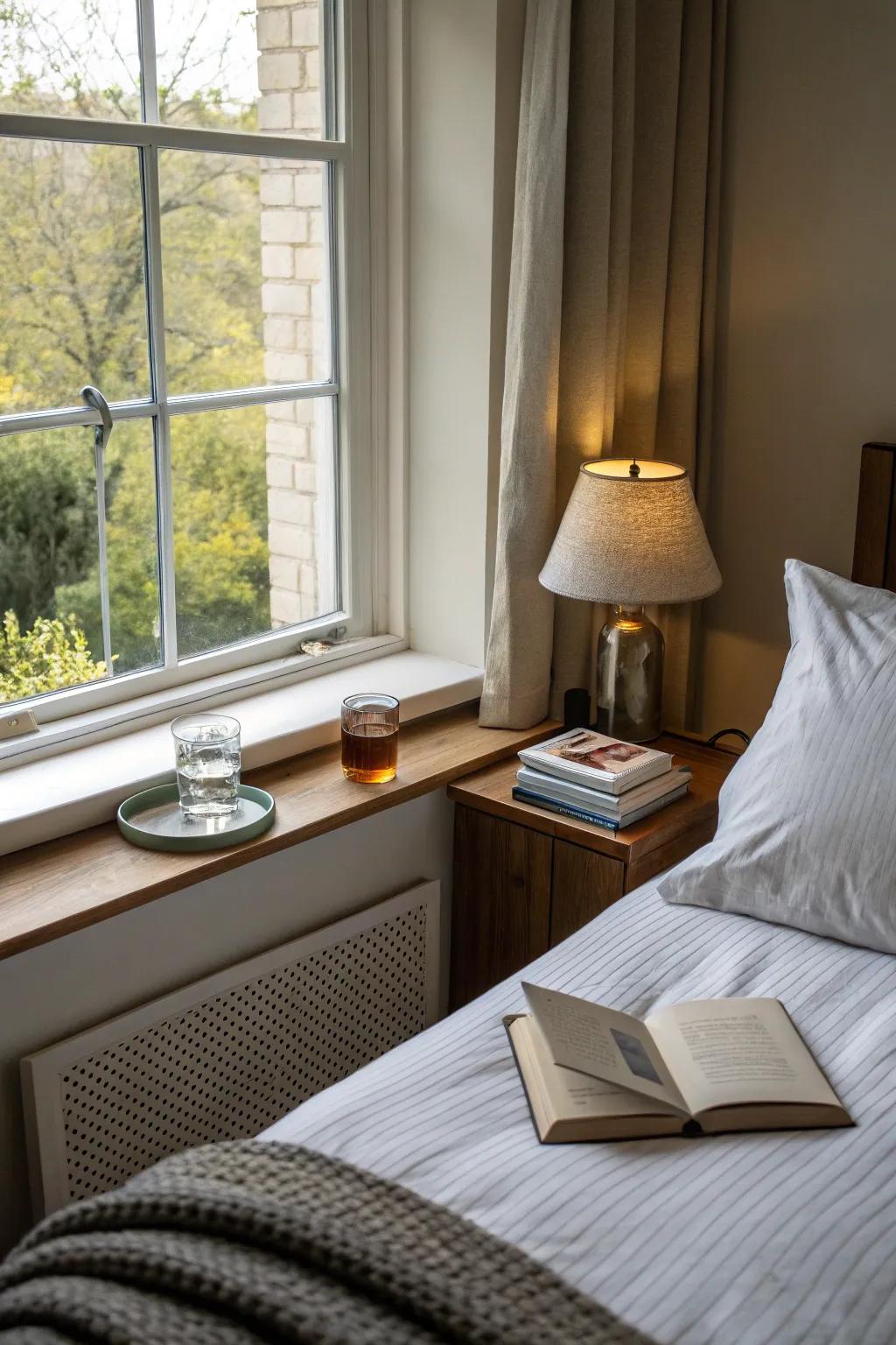 A window ledge doubles as a practical nightstand in a compact bedroom.