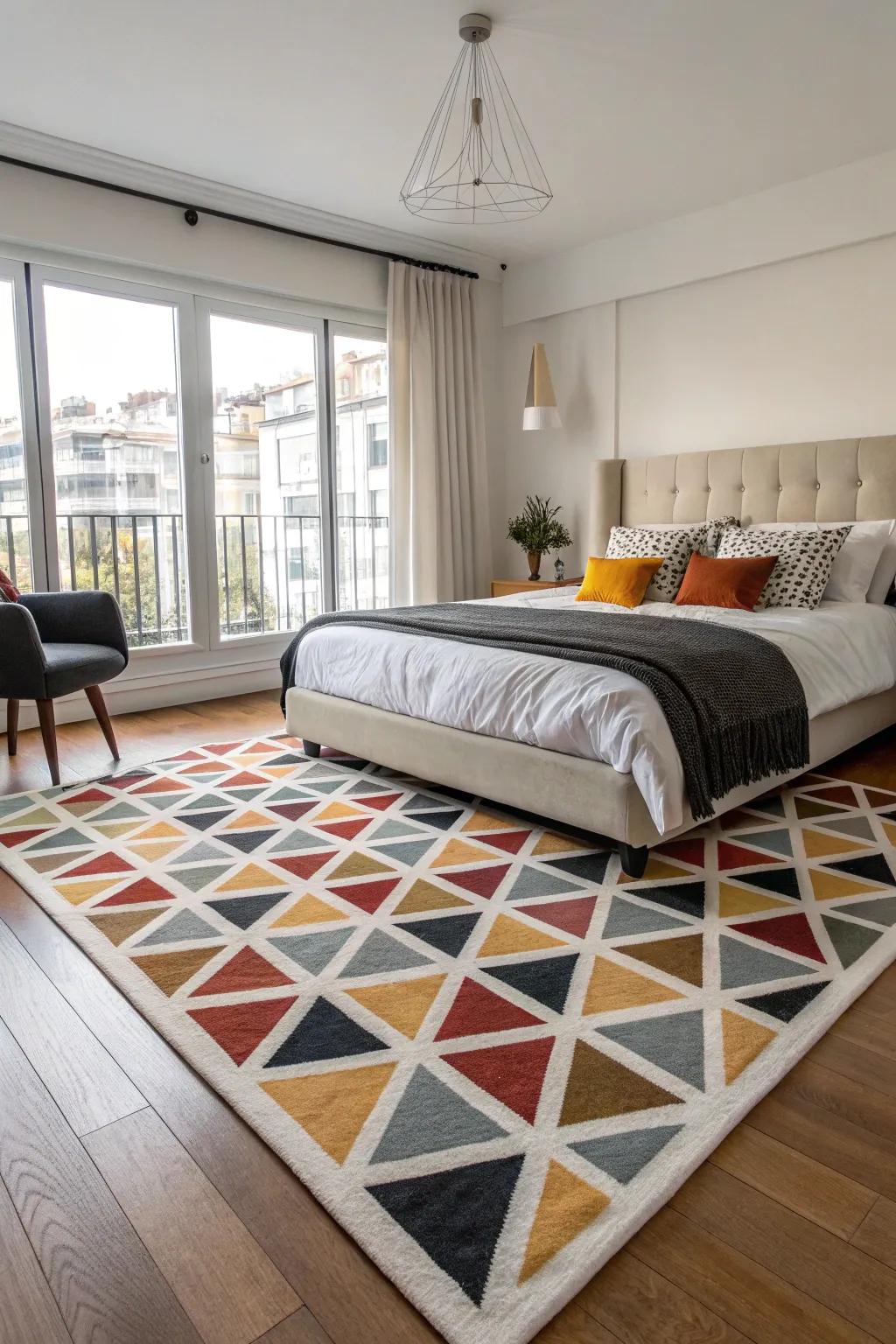 Geometric patterns bring contemporary flair to a modern bedroom.