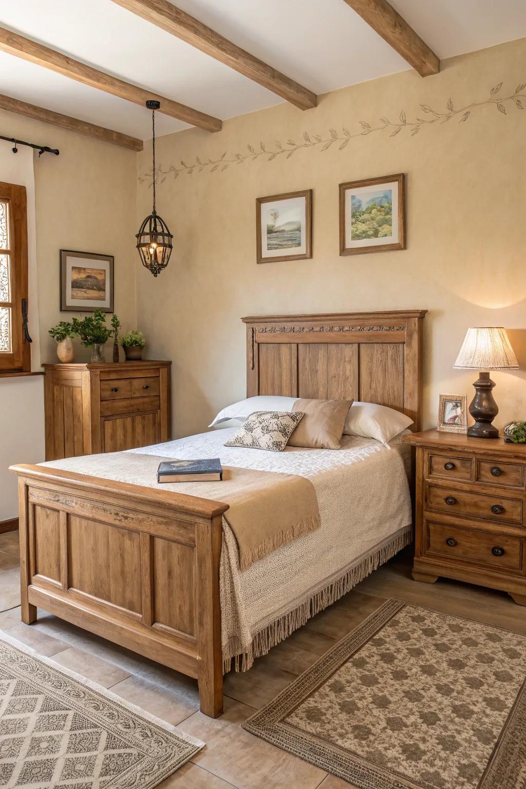 Wooden elements bring warmth and natural beauty to a beige bedroom.