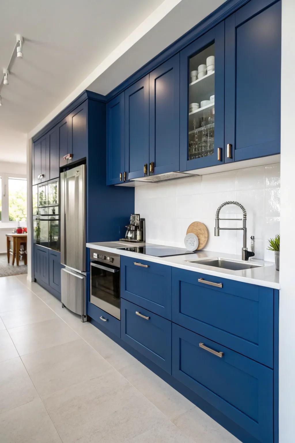 Cobalt blue cabinets offer a bold and eye-catching kitchen design.