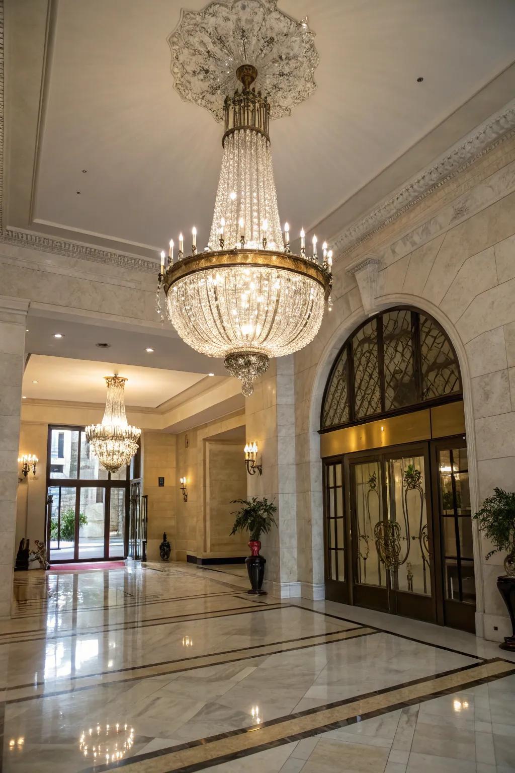 An Art Deco chandelier sets a sophisticated tone in an entryway.