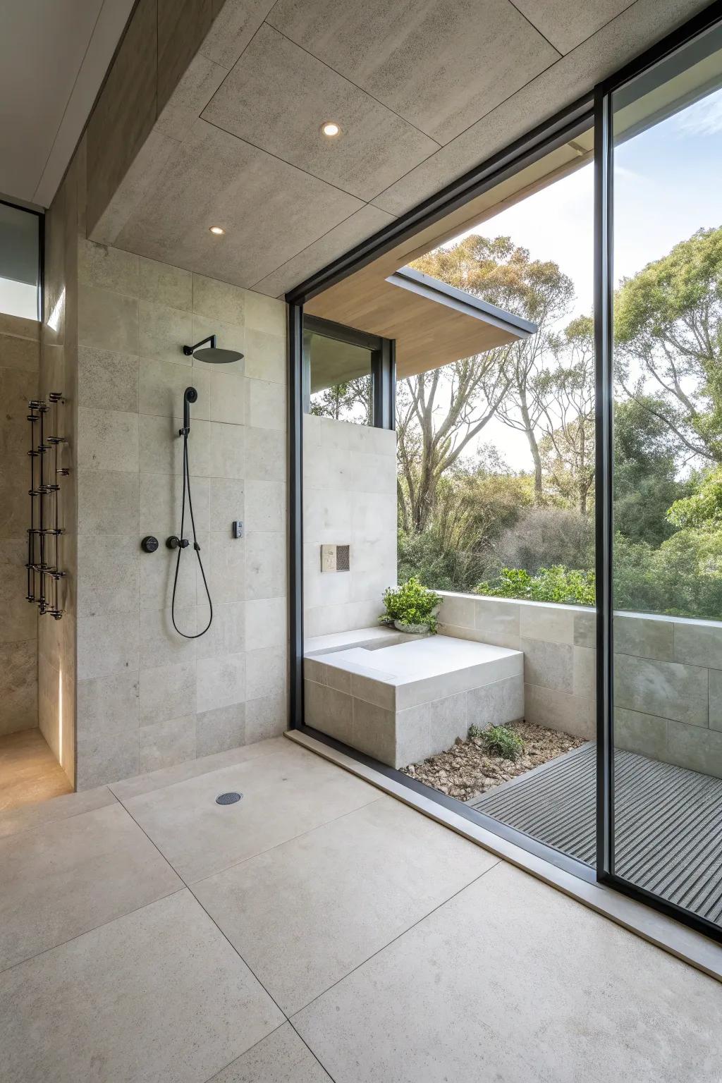 A curbless concrete shower for a seamless and open bathroom experience.