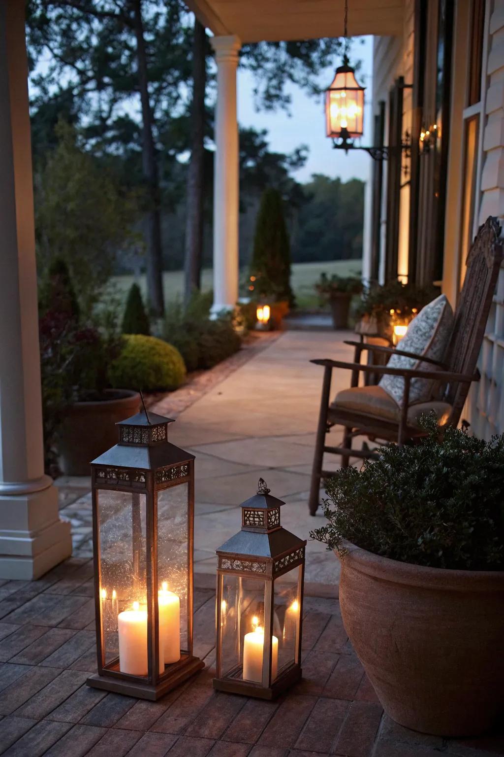 Lanterns cast a cozy glow over fall decorations.