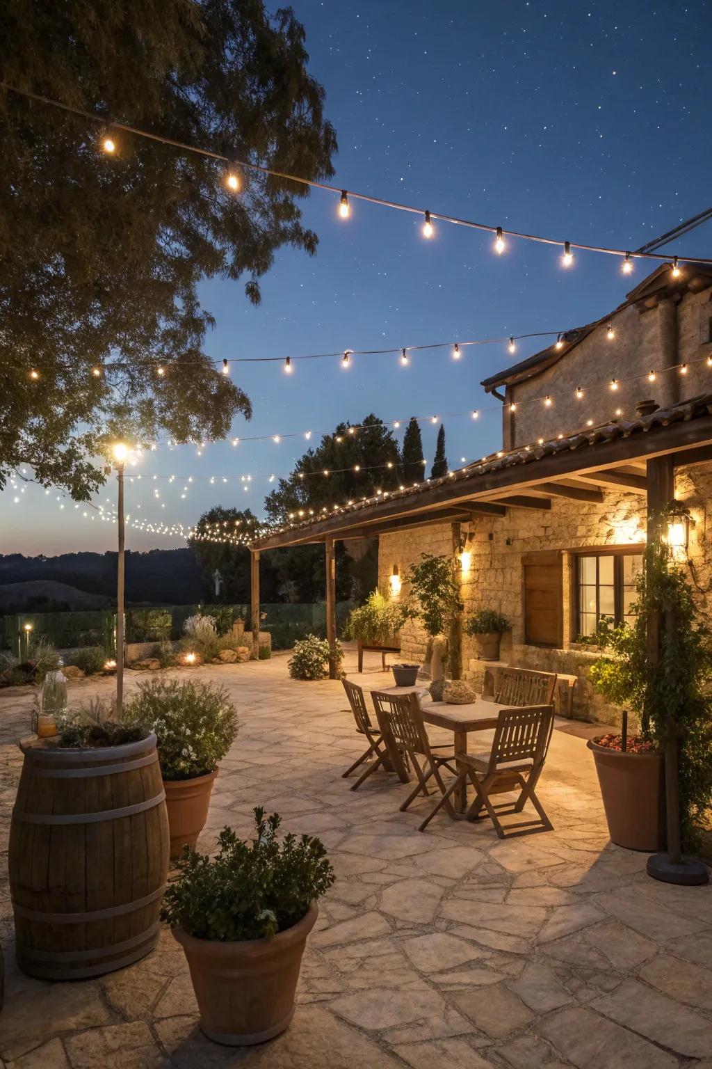 Charming string lights add a magical touch to this farmhouse patio.