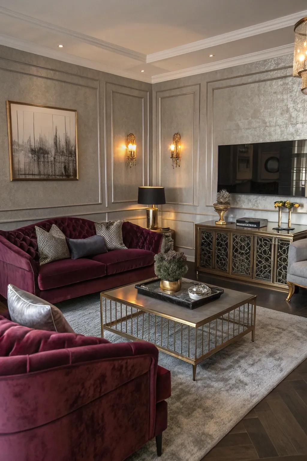 Silver-gray walls add a touch of glam to this luxurious living room.