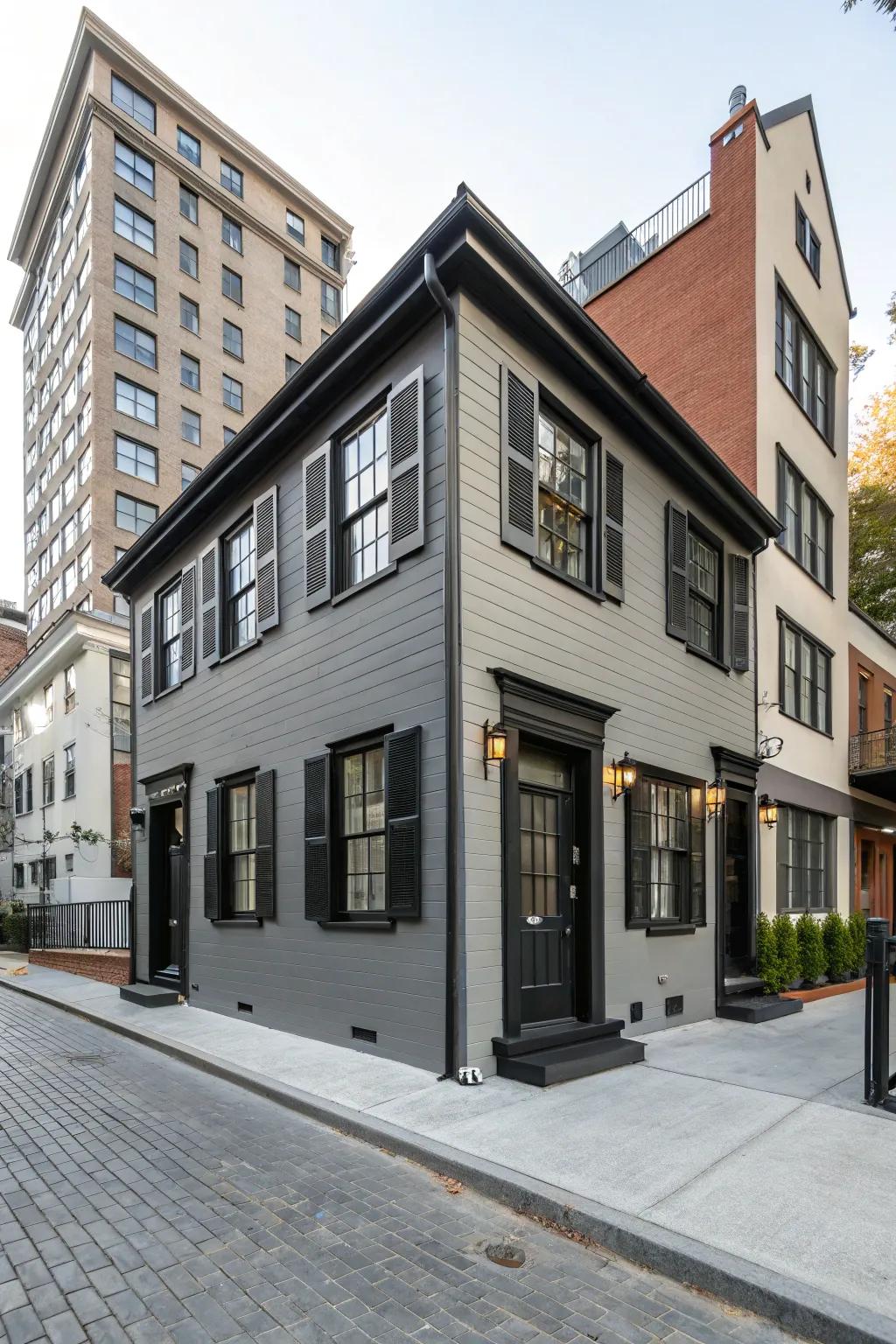 A modern grey house featuring black window frames and door handles, adding elegance to an urban setting.