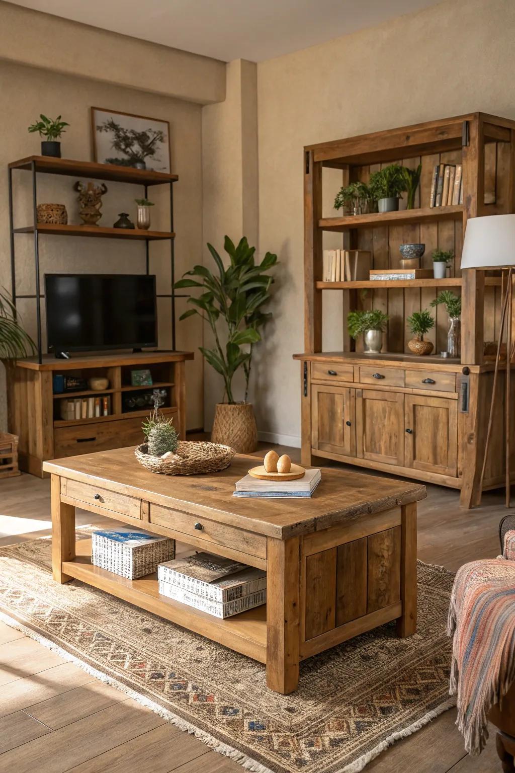 Natural wood elements add warmth and texture to the living room.