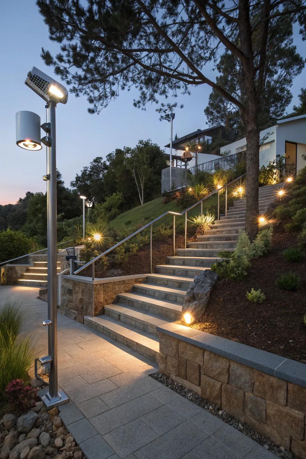 Motion sensor lights offering efficient and secure lighting for outdoor steps.