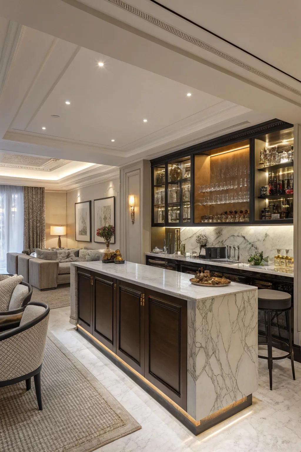 A contemporary classic L-shaped bar with marble and elegant finishes.