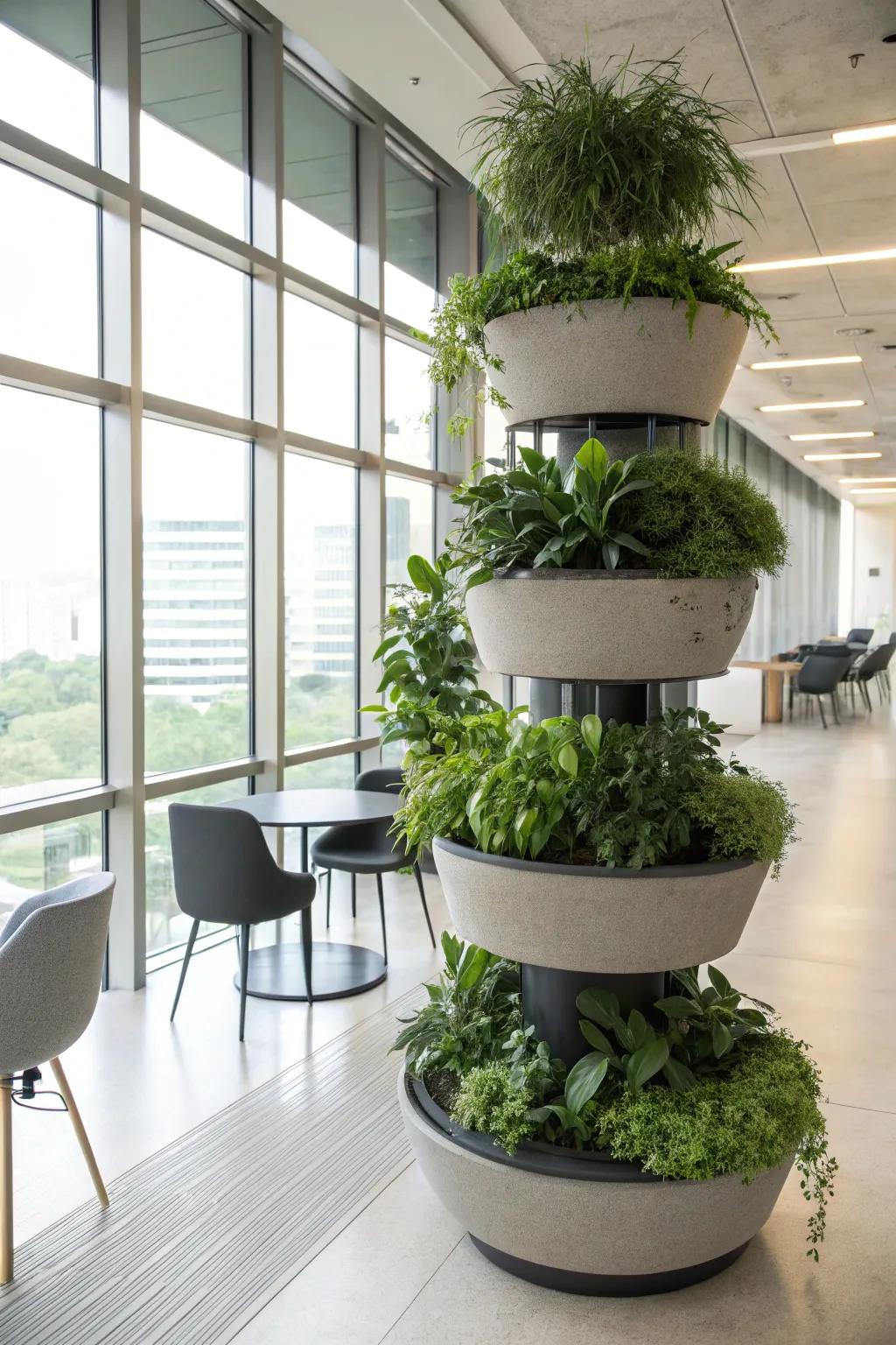 Tiered stands offer a vertical garden solution.