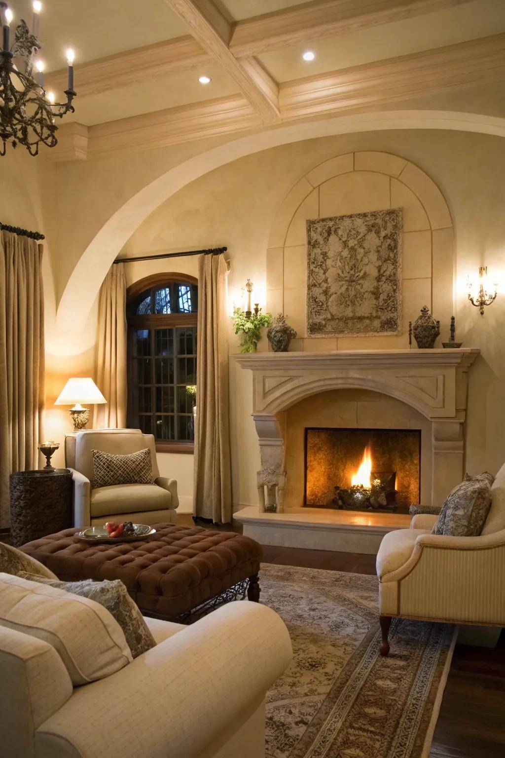 An arched plaster fireplace adds a touch of elegance and softness.