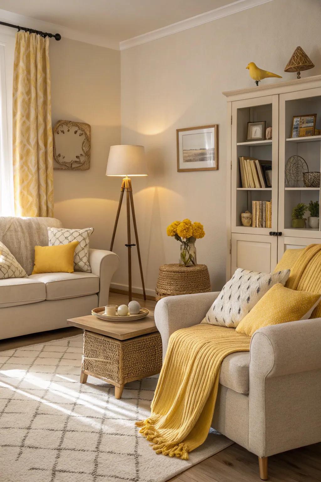 Soft yellow accents create a cozy and inviting atmosphere in a neutral living room.