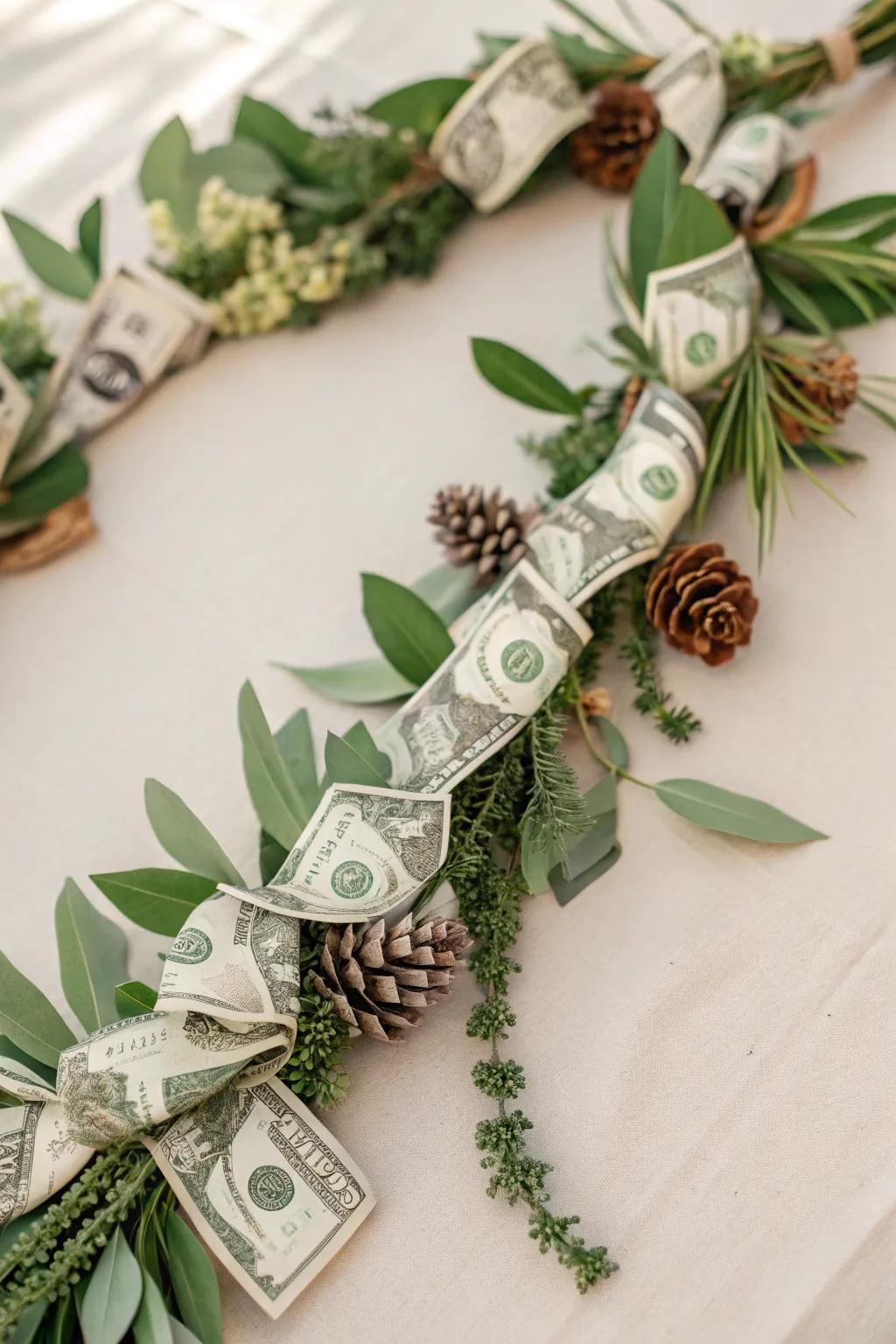 Embrace natural elegance with a stunning money lei that blends eco-friendly charm and artisanal craftsmanship.