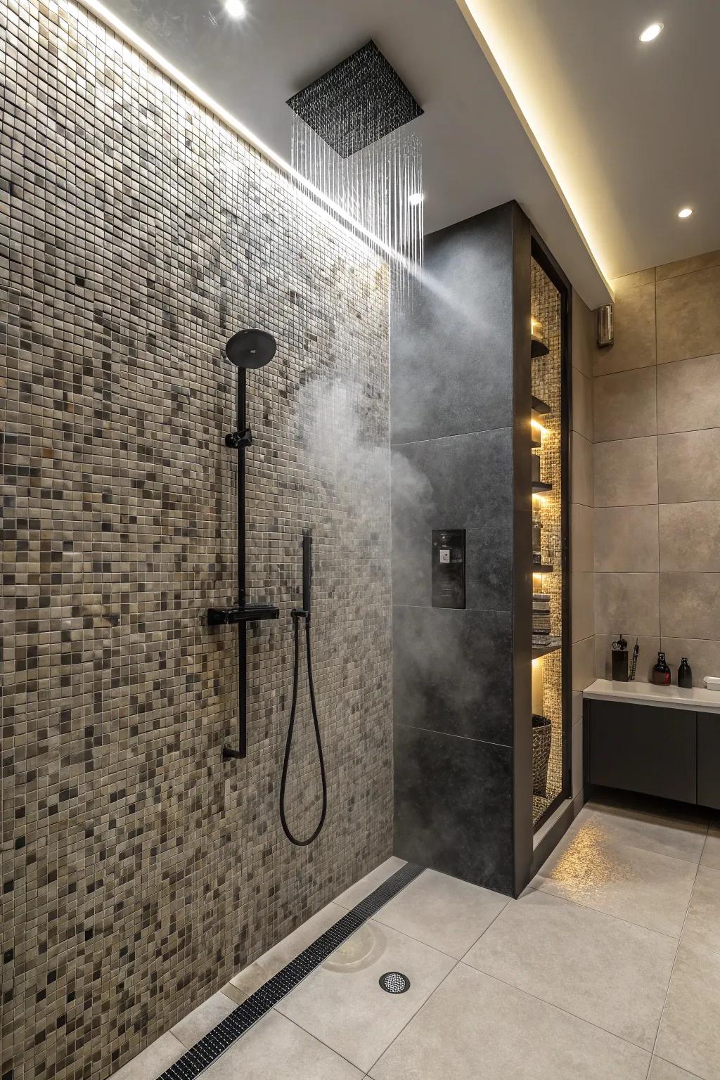 Monochromatic mosaics create a sleek and unified shower space.