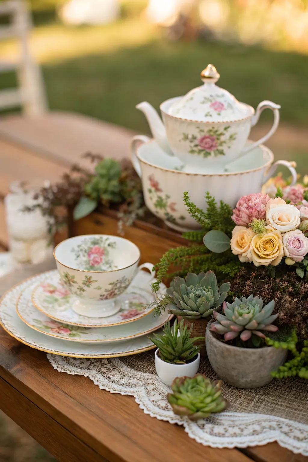 A whimsical vintage tea set centerpiece adds nostalgia and elegance to Mother's Day.