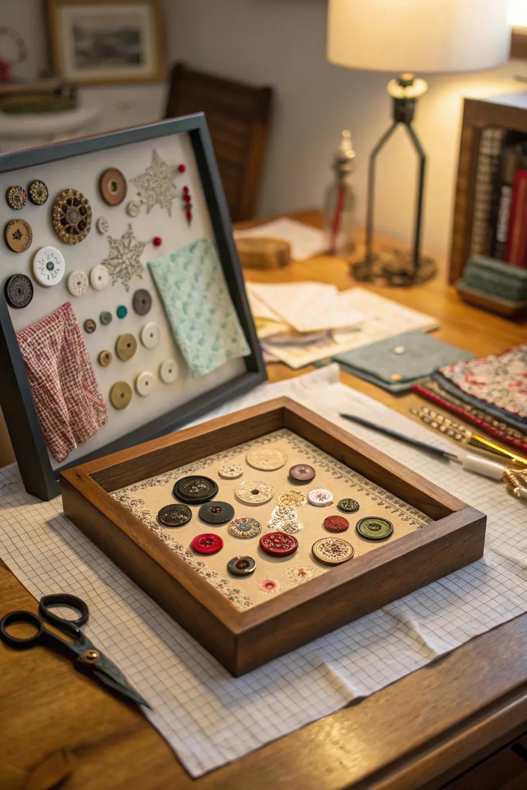 A charming vintage button art shadow box.